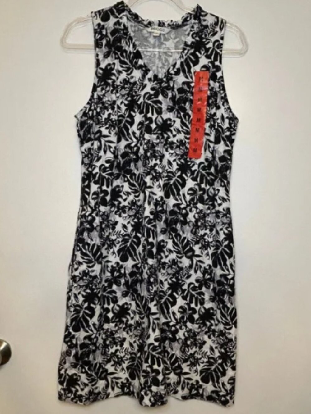 Briggs Black White Floral Sleeveless Linen Blend Dress with Pockets Size M